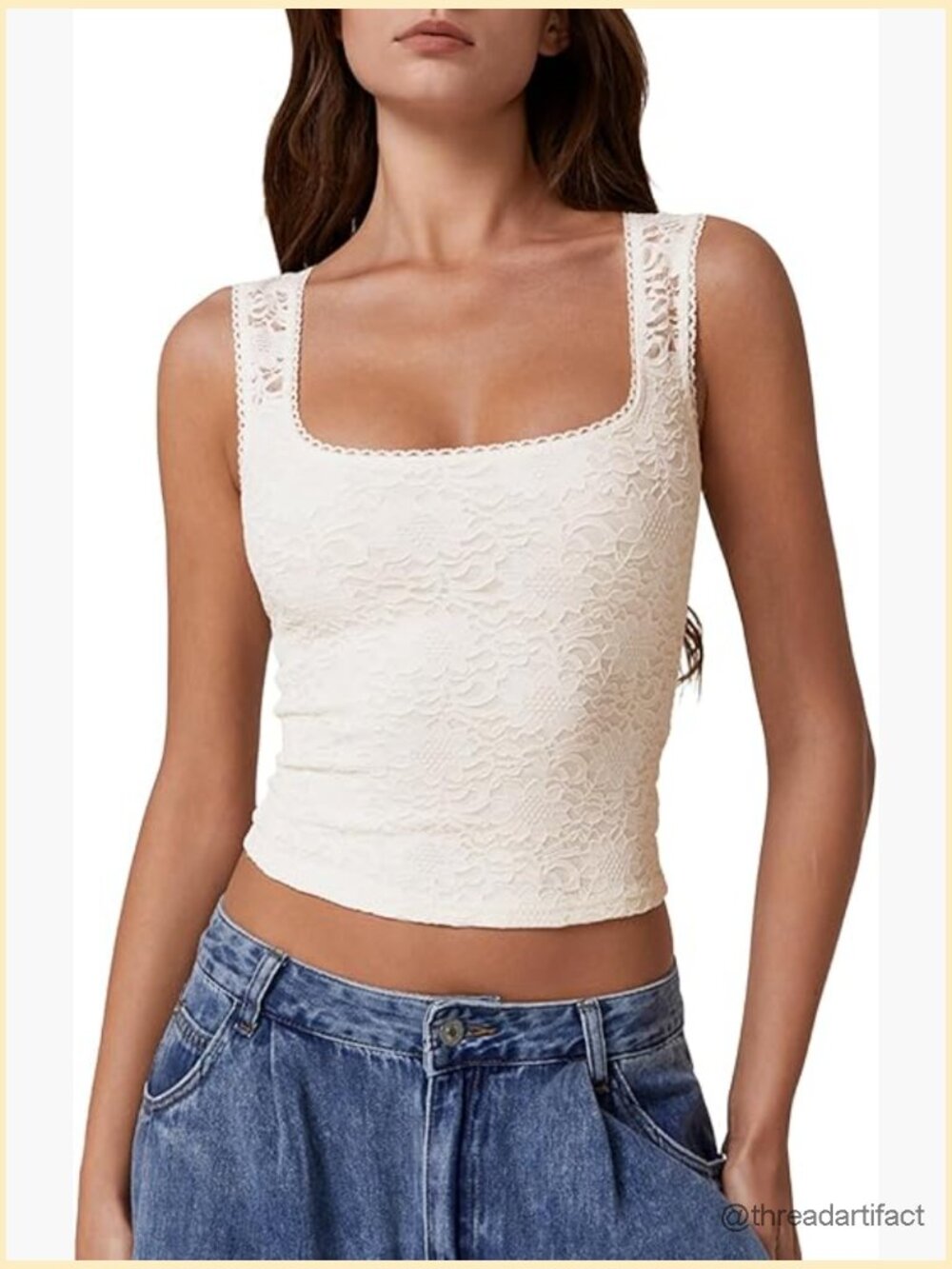 Sleeveless Square Neck Lace Trim Double-Layer Tank Top Slimming Fit